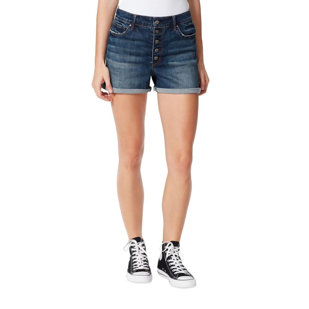 Frayed Women Blue Dark Wash Denim Casual Cut Off High Waist Shorts Size 32